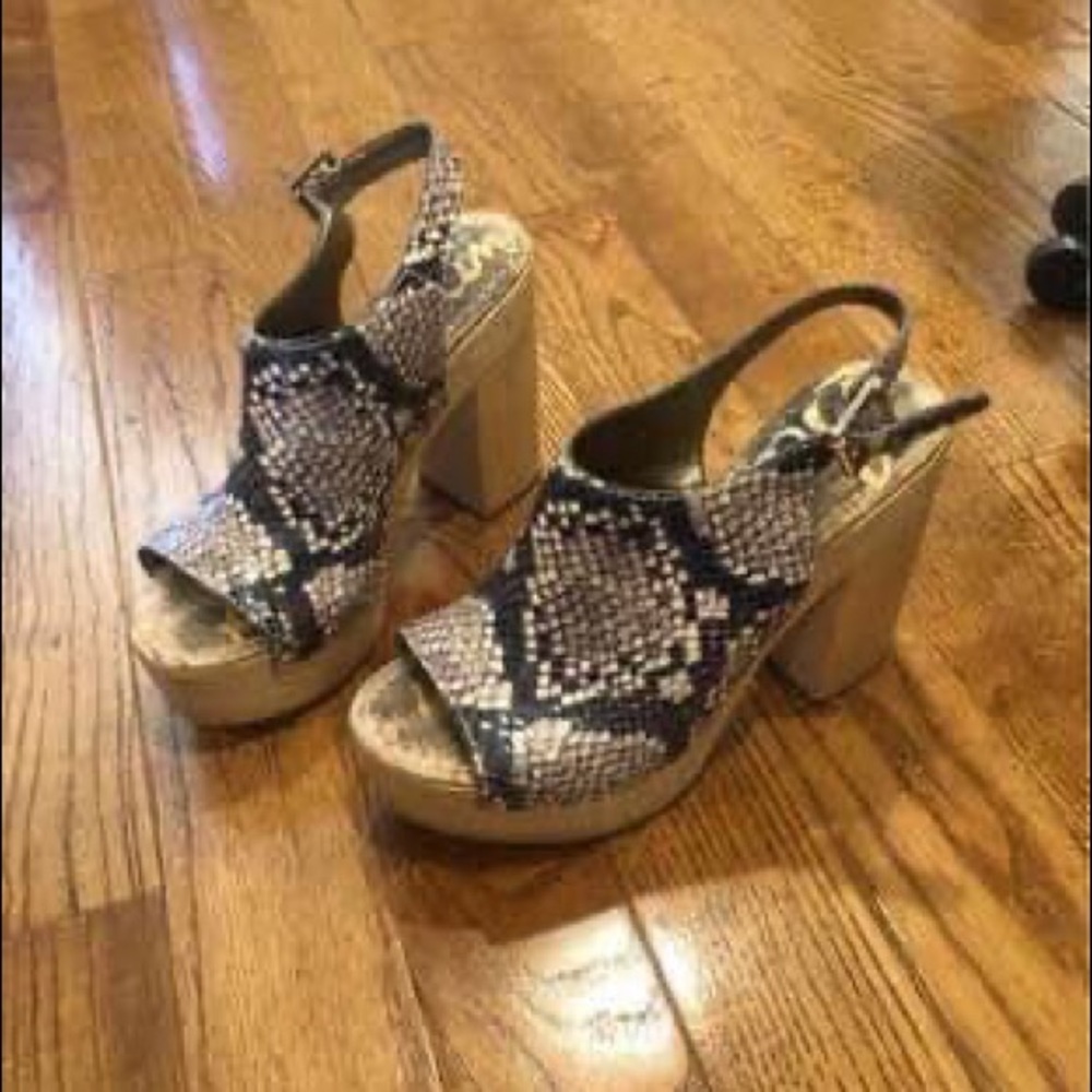 SAM EDELMAN - Marley - leather snakeskin print - wood platform heels.  Size 8. - Picture 3 of 5
